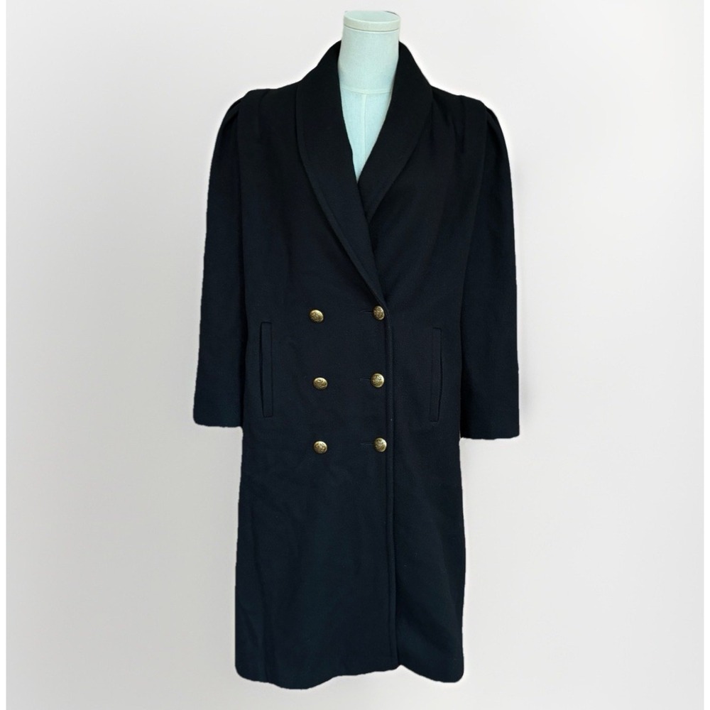 Vintage Womens Long Double Breasted Wool Coat Size L Black Trench Peacoat Shawl